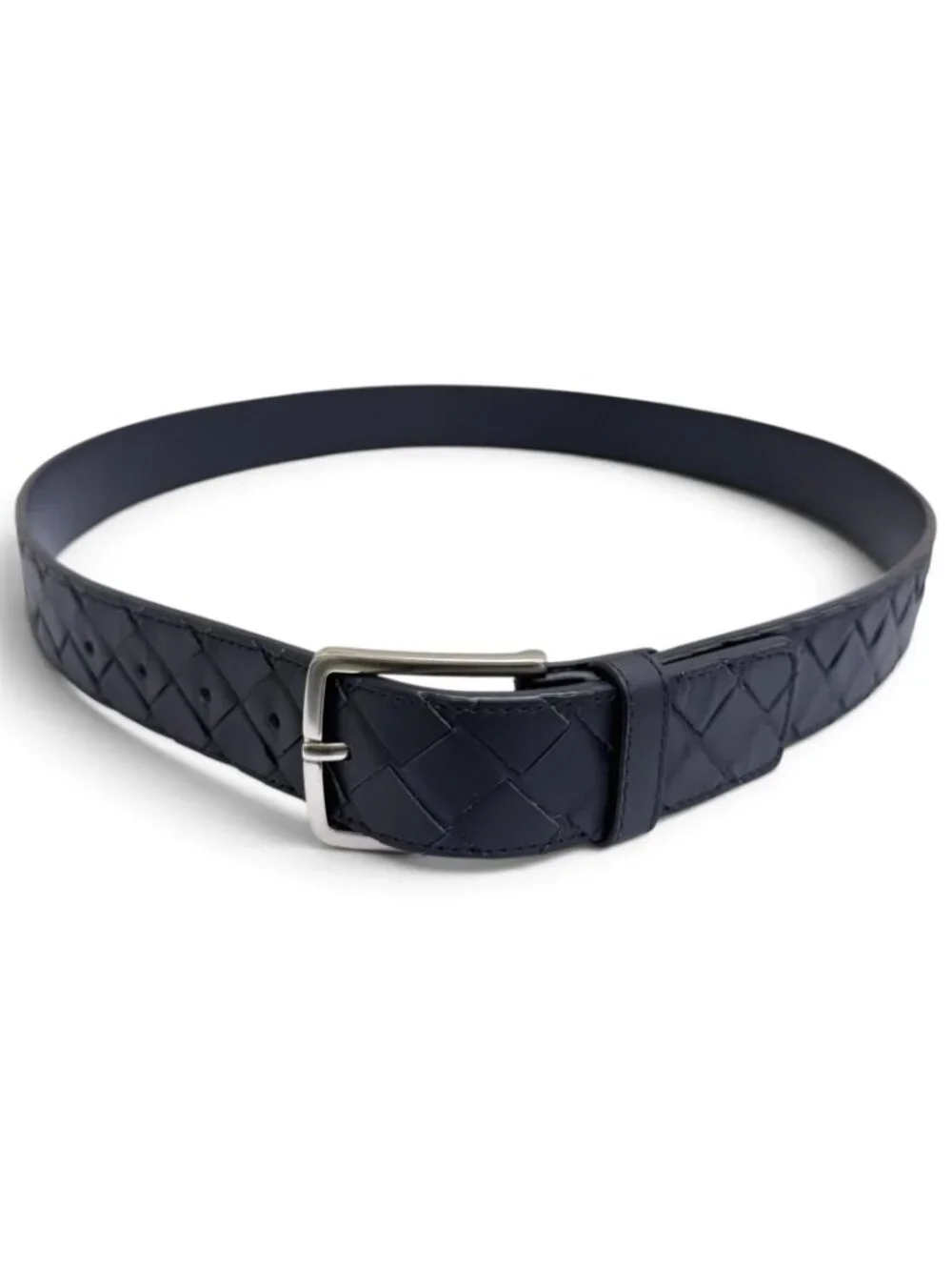 Bottega Veneta Intrecciato Leather Belt Navy Silver 95